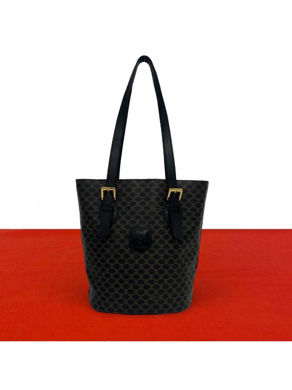 Celine Vintage Macadam Blason Logo Pattern Leather Tote Bag Black Brown
